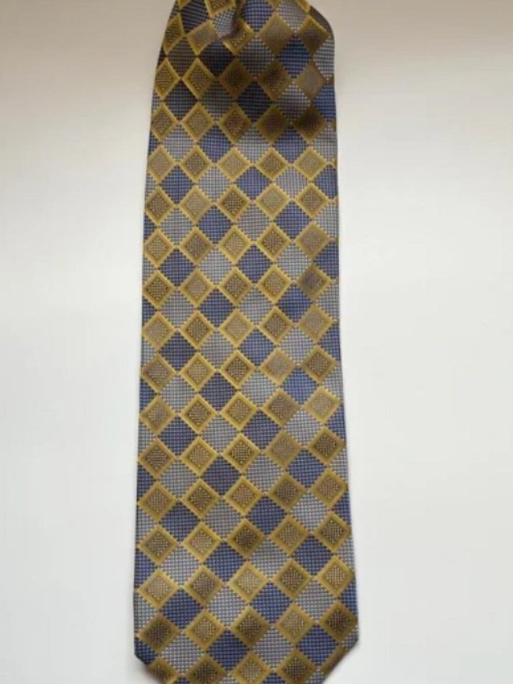 Vintage Alexander Julian Gold Grey Diamond Silk Tie retro checkerboard art deco
